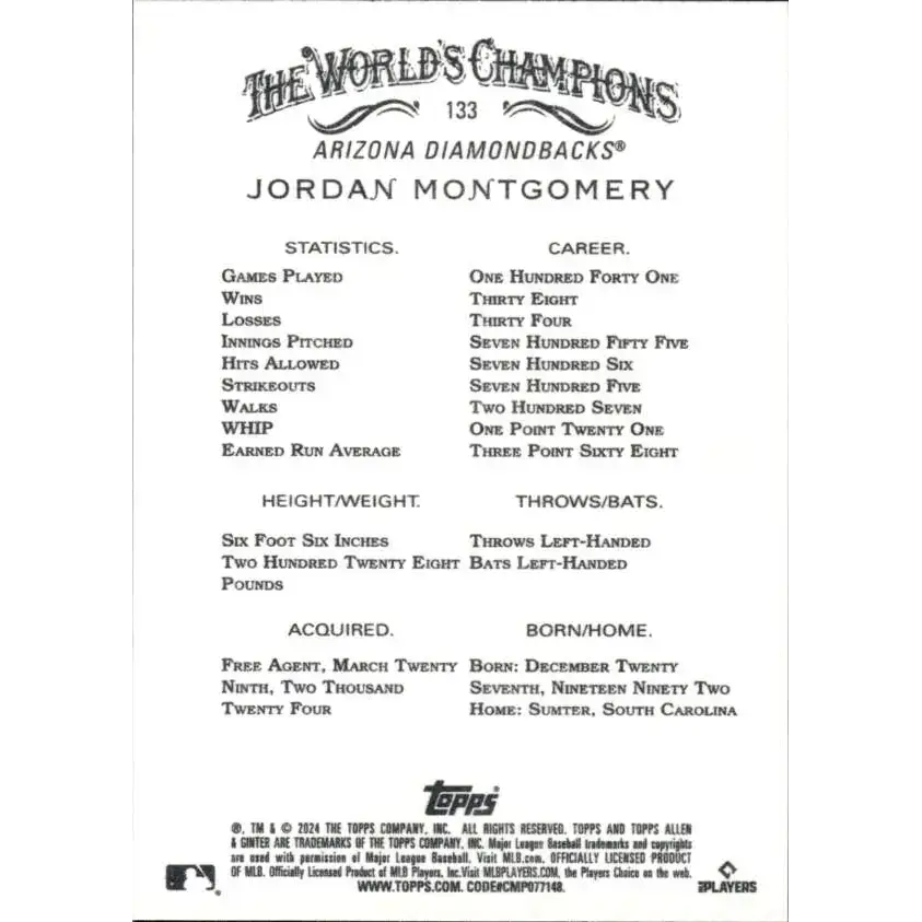 2024 Allen & Ginter #133 Jordan Montgomery NM-MT Arizona Diamondbacks Baseball Card - Baseball Card Single