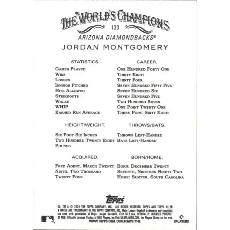 2024 Allen & Ginter #133 Jordan Montgomery NM-MT Arizona Diamondbacks Baseball Card - Baseball Card Single