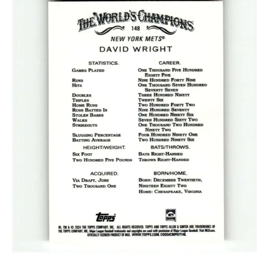2024 Allen & Ginter #148 David Wright NM-MT New York Mets Baseball Card - Baseball Card Single