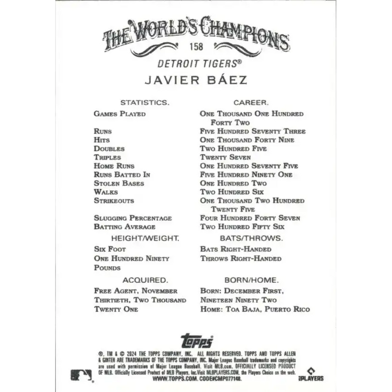 2024 Allen & Ginter #158 Javier Baez NM-MT Detroit Tigers Baseball Card - Baseball Card Single