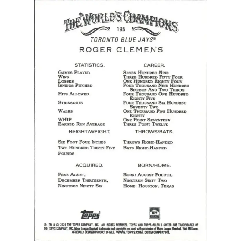 2024 Allen & Ginter #195 Roger Clemens NM-MT Toronto Blue Jays Baseball Card - Baseball Card Single