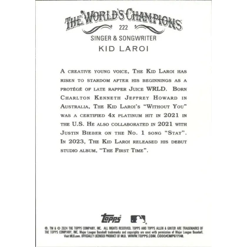 2024 Allen & Ginter #222 Kid Laroi NM-MT Non-Baseball Baseball Card - Baseball Card Single