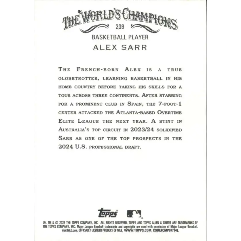 2024 Allen & Ginter #239 Alex Sarr NM-MT Non-Baseball Baseball Card - Baseball Card Single