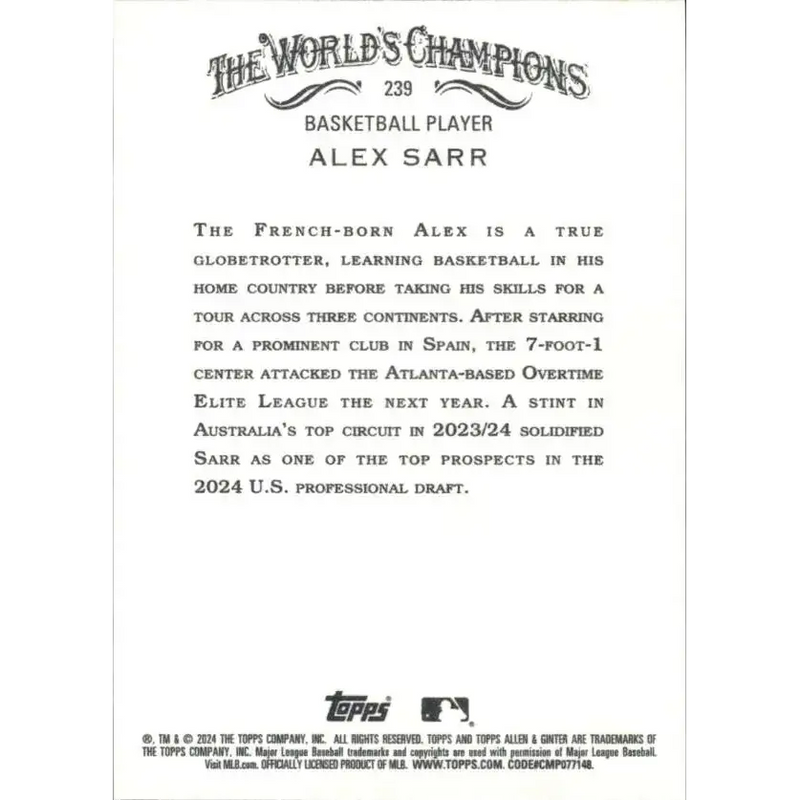 2024 Allen & Ginter #239 Alex Sarr NM-MT Non-Baseball Baseball Card - Baseball Card Single