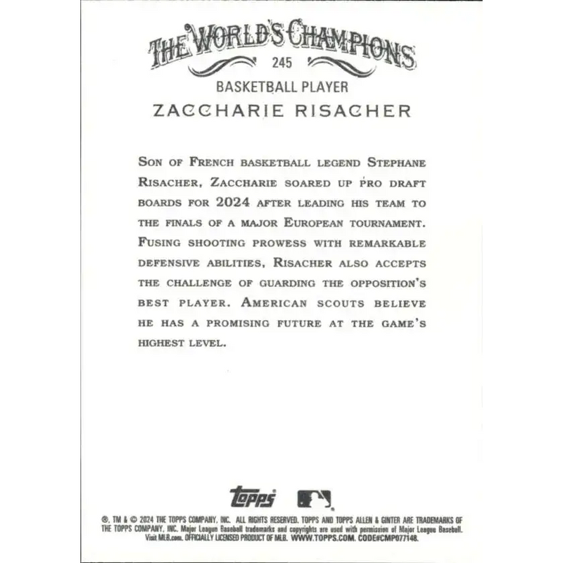 2024 Allen & Ginter #245 Zaccharie Risacher NM-MT Non-Baseball Baseball Card - Baseball Card Single