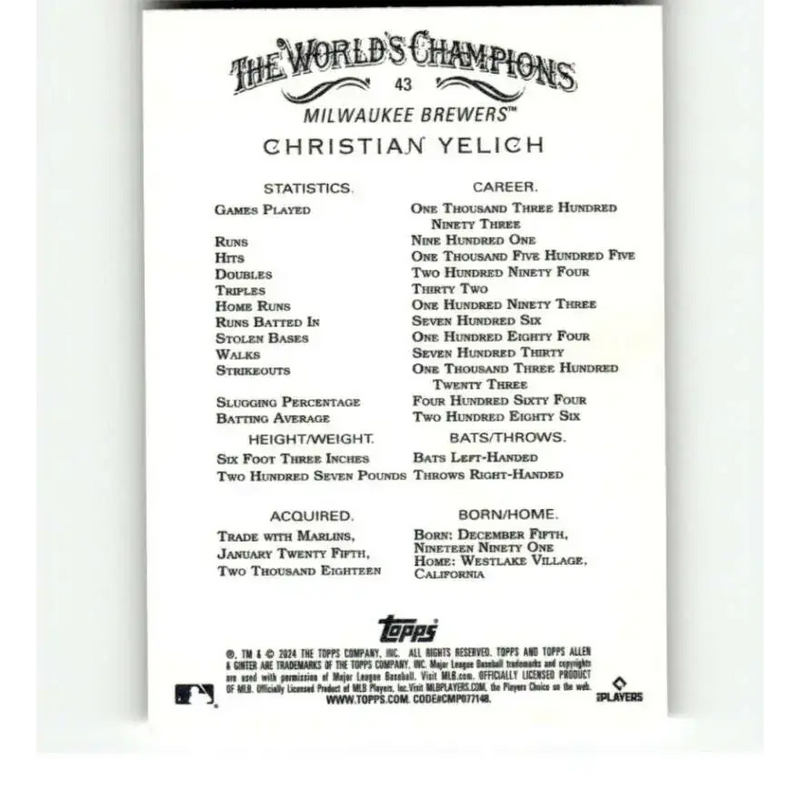 2024 Allen & Ginter #43 Christian Yelich NM-MT Milwaukee Brewers Baseball Card - Baseball Card Single