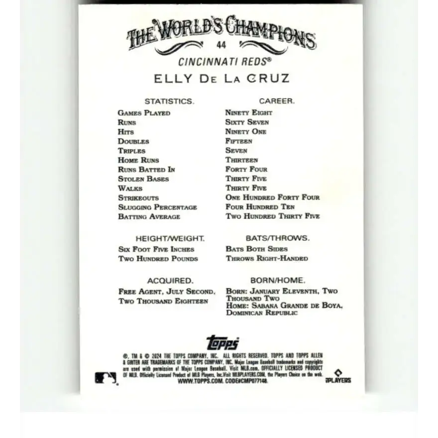2024 Allen & Ginter #44 Elly De La Cruz NM-MT RC Rookie Cincinnati Reds Baseball Card - Baseball Card Single