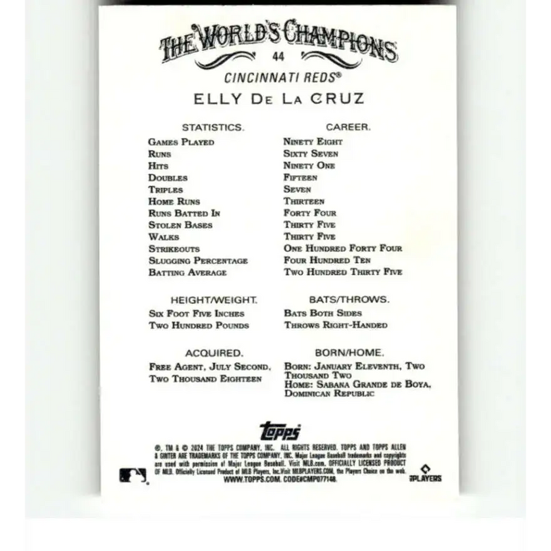 2024 Allen & Ginter #44 Elly De La Cruz NM-MT RC Rookie Cincinnati Reds Baseball Card - Baseball Card Single