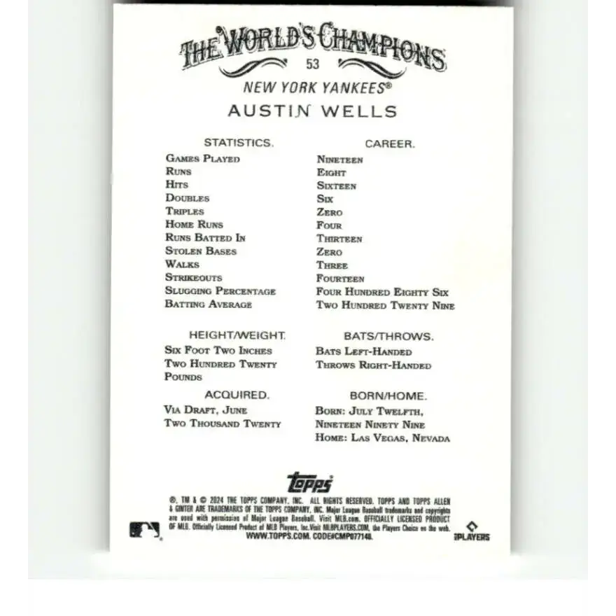 2024 Allen & Ginter #53 Austin Wells NM-MT RC Rookie New York Yankees Baseball Card - Baseball Card Single