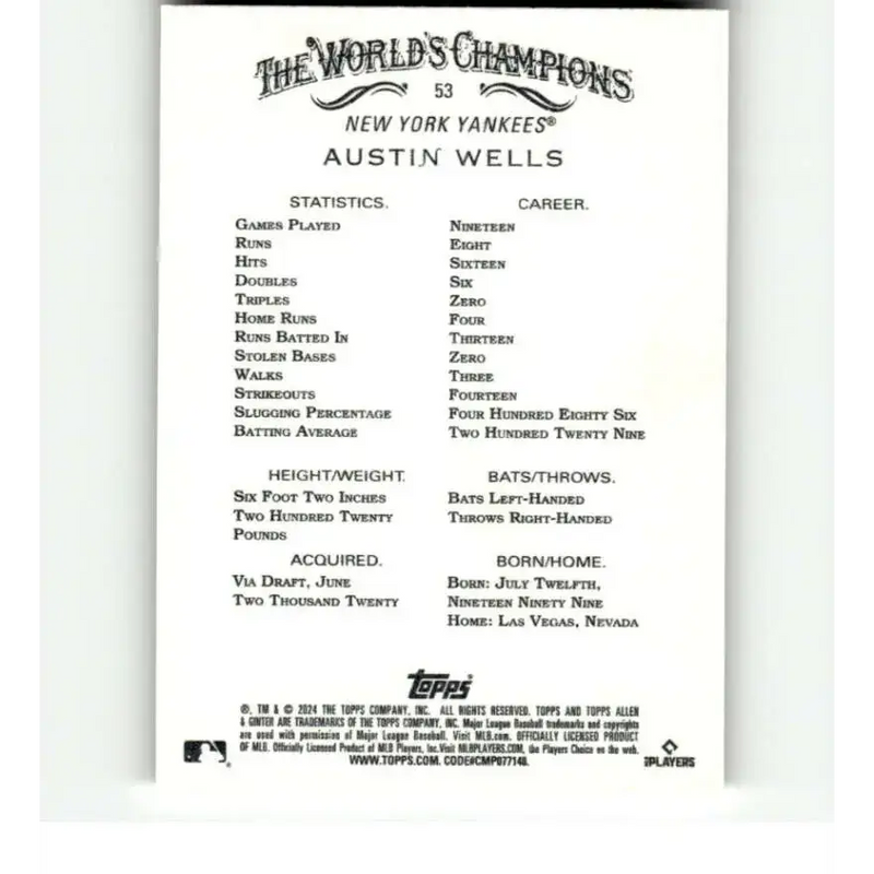 2024 Allen & Ginter #53 Austin Wells NM-MT RC Rookie New York Yankees Baseball Card - Baseball Card Single