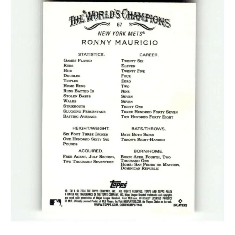 2024 Allen & Ginter #67 Ronny Mauricio NM-MT RC Rookie New York Mets Baseball Card - Baseball Card Single