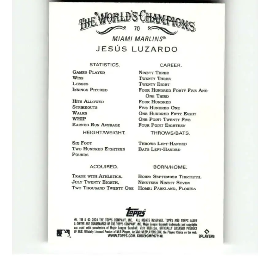 2024 Allen & Ginter #70 Jesus Luzardo NM-MT Miami Marlins Baseball Card - Baseball Card Single