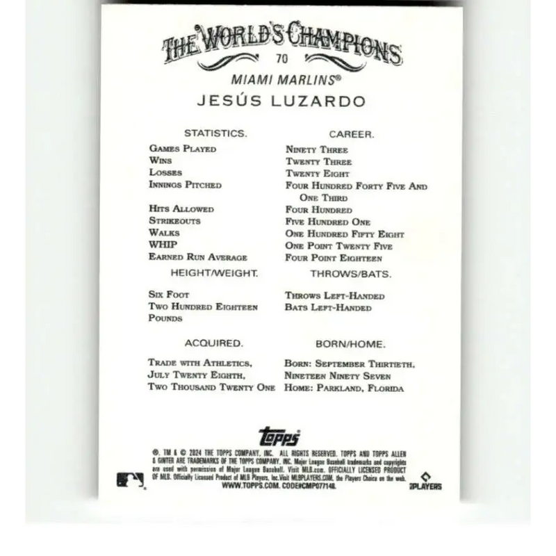 2024 Allen & Ginter #70 Jesus Luzardo NM-MT Miami Marlins Baseball Card - Baseball Card Single
