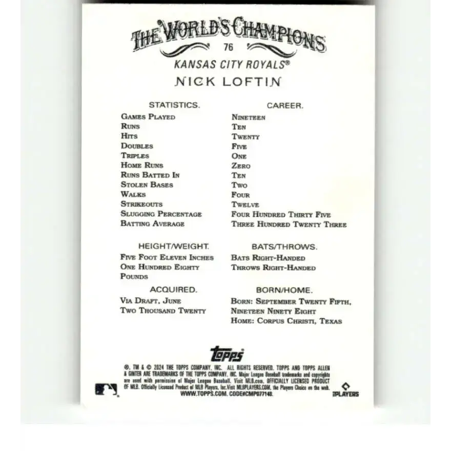 2024 Allen & Ginter #76 Nick Loftin NM-MT RC Rookie Kansas City Royals Baseball Card - Baseball Card Single