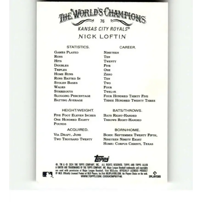 2024 Allen & Ginter #76 Nick Loftin NM-MT RC Rookie Kansas City Royals Baseball Card - Baseball Card Single