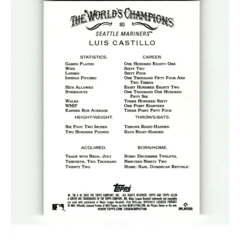 2024 Allen & Ginter #80 Luis Castillo NM-MT Seattle Mariners Baseball Card - Baseball Card Single