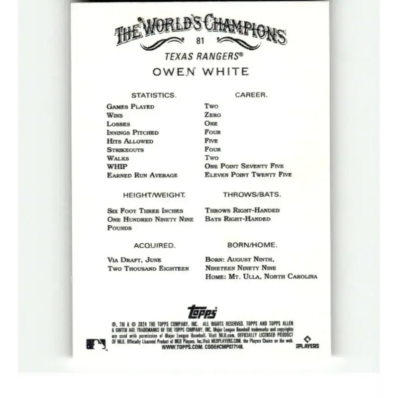2024 Allen & Ginter #81 Owen White NM-MT RC Rookie Texas Rangers Baseball Card - Baseball Card Single