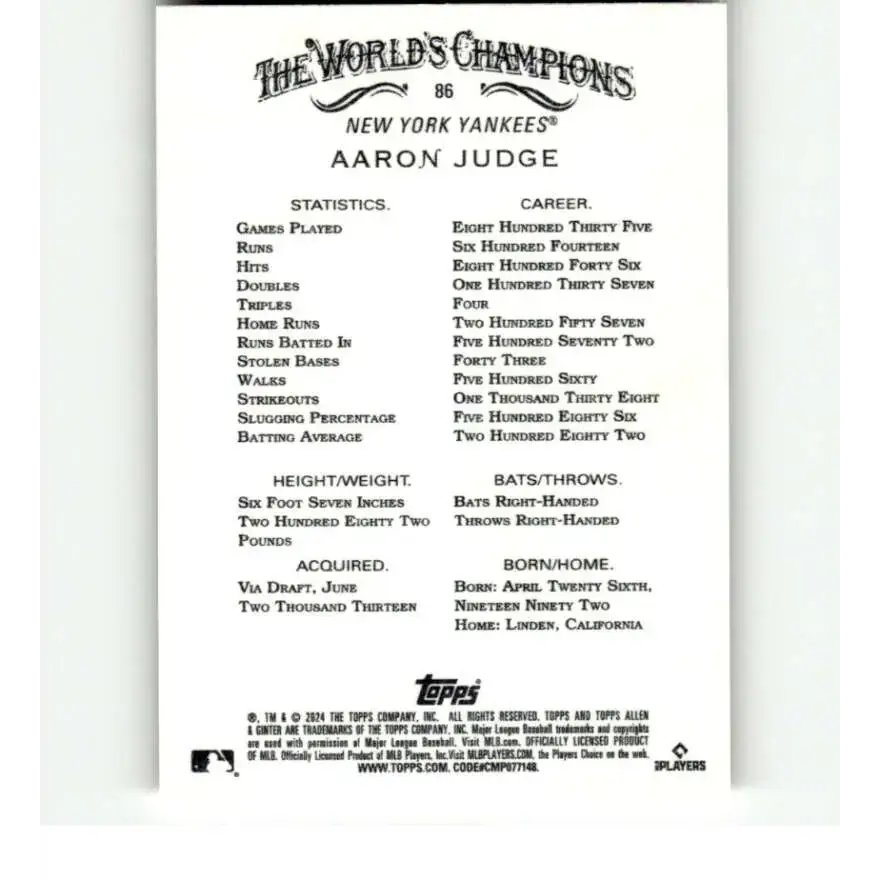 2024 Allen & Ginter #86 Aaron Judge NM-MT New York Yankees Baseball Card