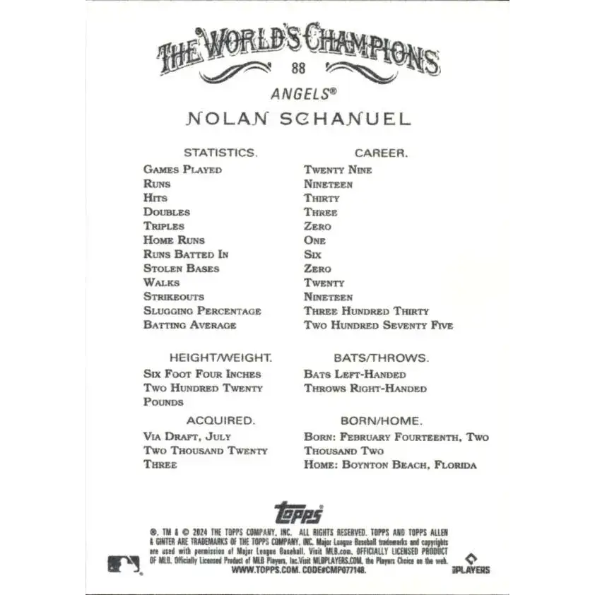 2024 Allen & Ginter #88 Nolan Schanuel NM-MT RC Rookie Los Angeles Angels Baseball Card - Baseball Card Single