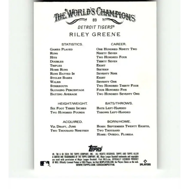 2024 Allen & Ginter #89 Riley Greene NM-MT Detroit Tigers Baseball Card - Baseball Card Single