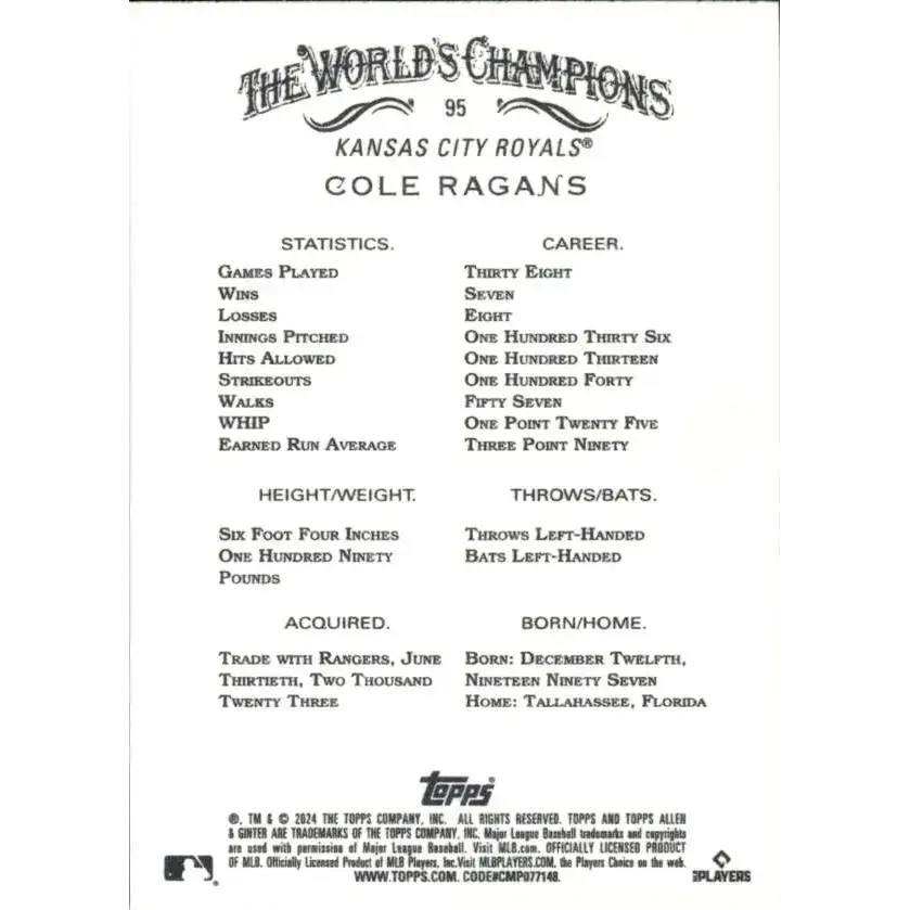 2024 Allen & Ginter #95 Cole Ragans NM-MT Kansas City Royals Baseball Card - Baseball Card Single