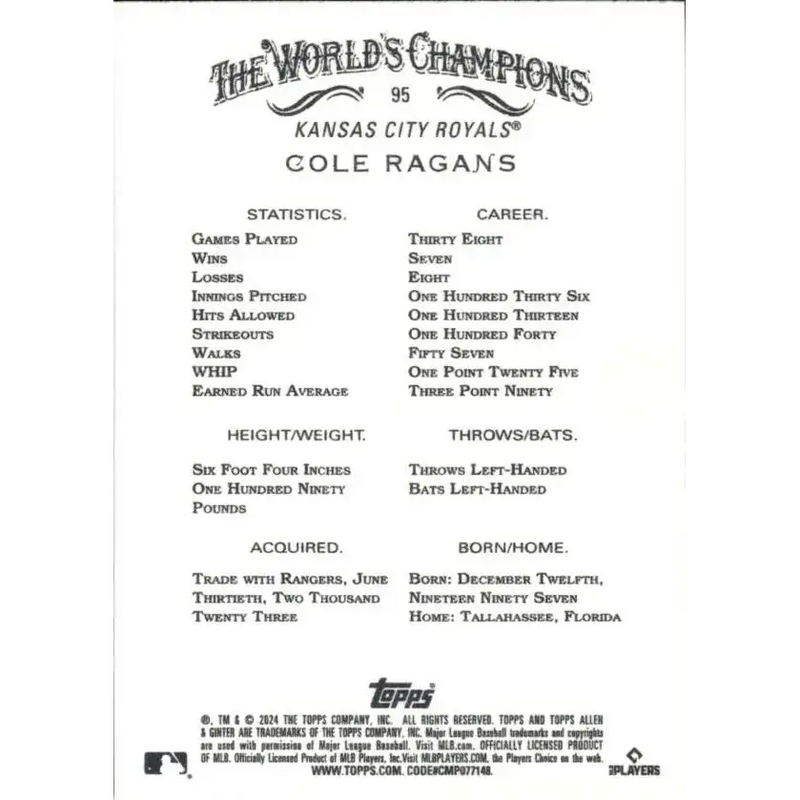 2024 Allen & Ginter #95 Cole Ragans NM-MT Kansas City Royals Baseball Card - Baseball Card Single