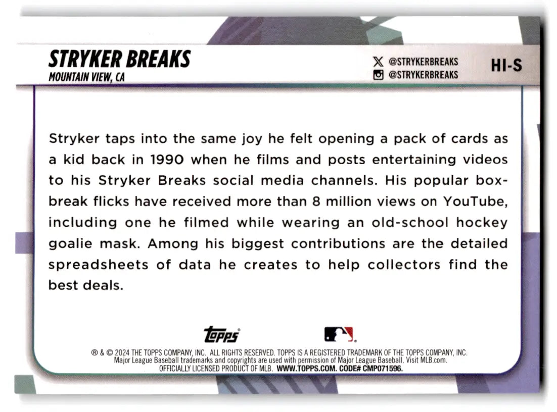 2024 Big League Hobby Baseball Card Back from League Hobby Influencers Stryker Breaks