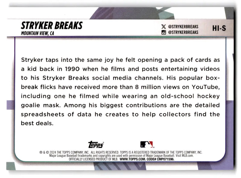 2024 Big League Hobby Baseball Card Back from League Hobby Influencers Stryker Breaks