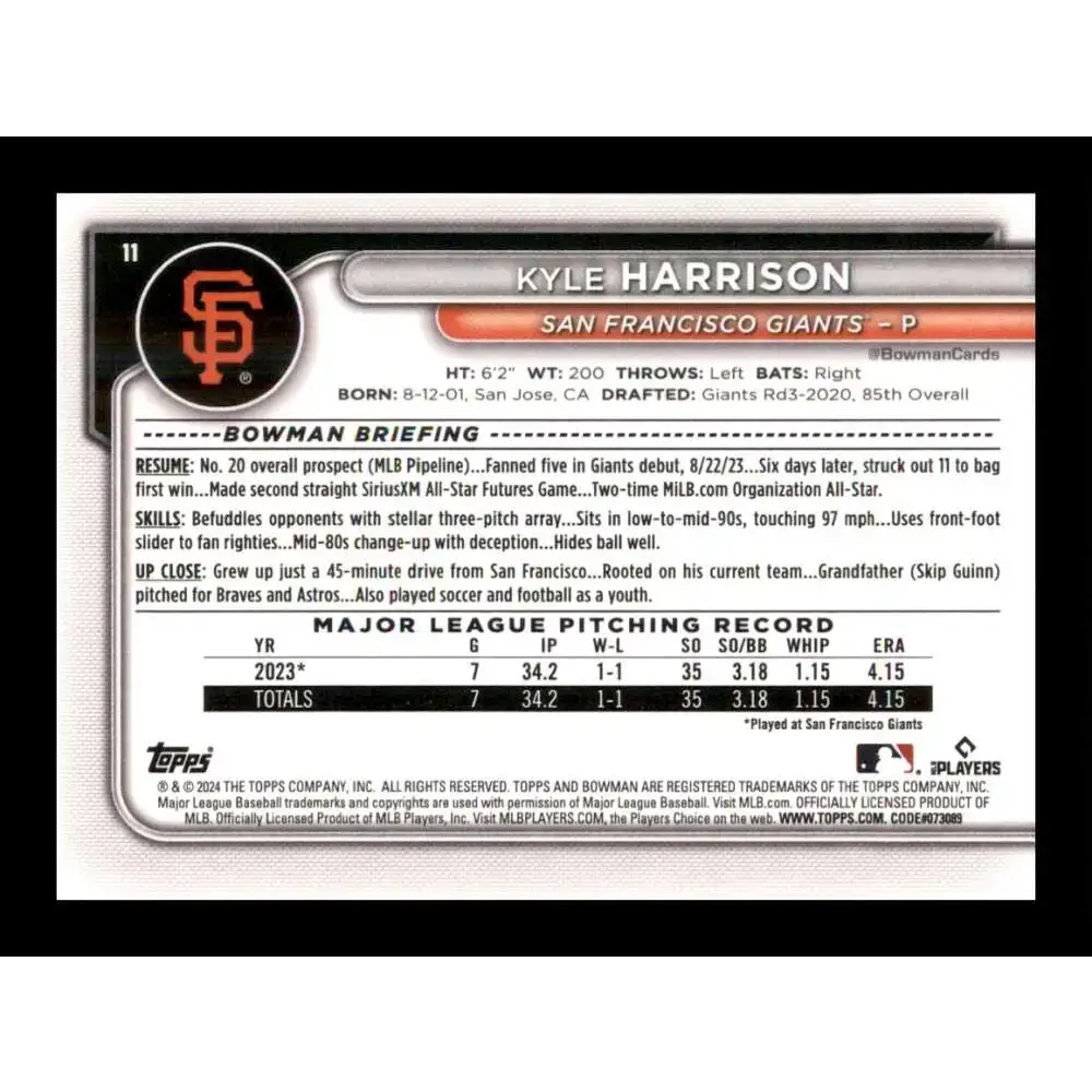 2024 Bowman #11 Kyle Harrison NM-MT RC Rookie San Francisco Giants Baseball Card - Baseball Card Single