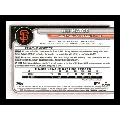 2024 Bowman #12 Luis Matos NM-MT RC Rookie San Francisco Giants Baseball Card - Baseball Card