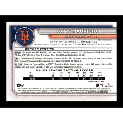 2024 Bowman #13 Ronny Mauricio NM-MT RC Rookie New York Mets Baseball Card - Baseball Card