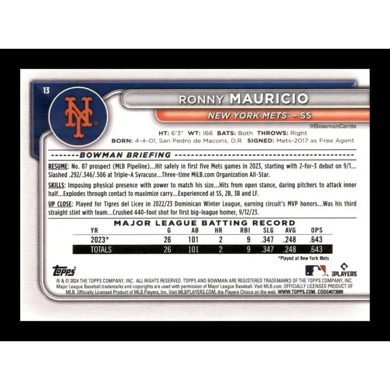 2024 Bowman #13 Ronny Mauricio NM-MT RC Rookie New York Mets Baseball Card - Baseball Card Single