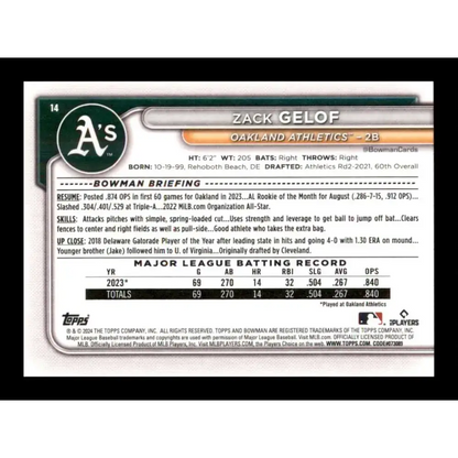2024 Bowman #14 Zack Gelof NM-MT RC Rookie Oakland Athletics Baseball Card - Baseball Card