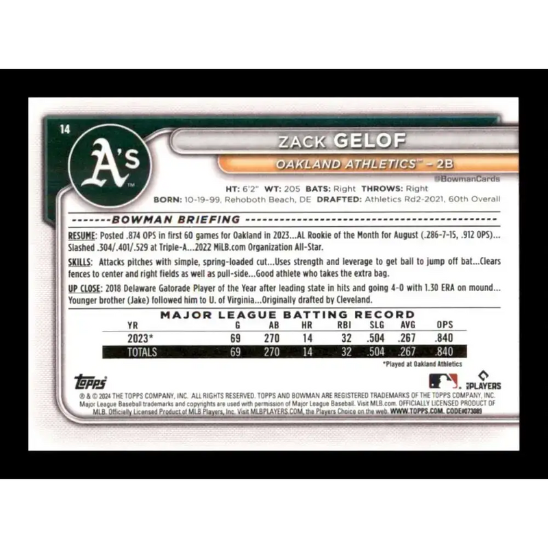 2024 Bowman #14 Zack Gelof NM-MT RC Rookie Oakland Athletics Baseball Card - Baseball Card Single