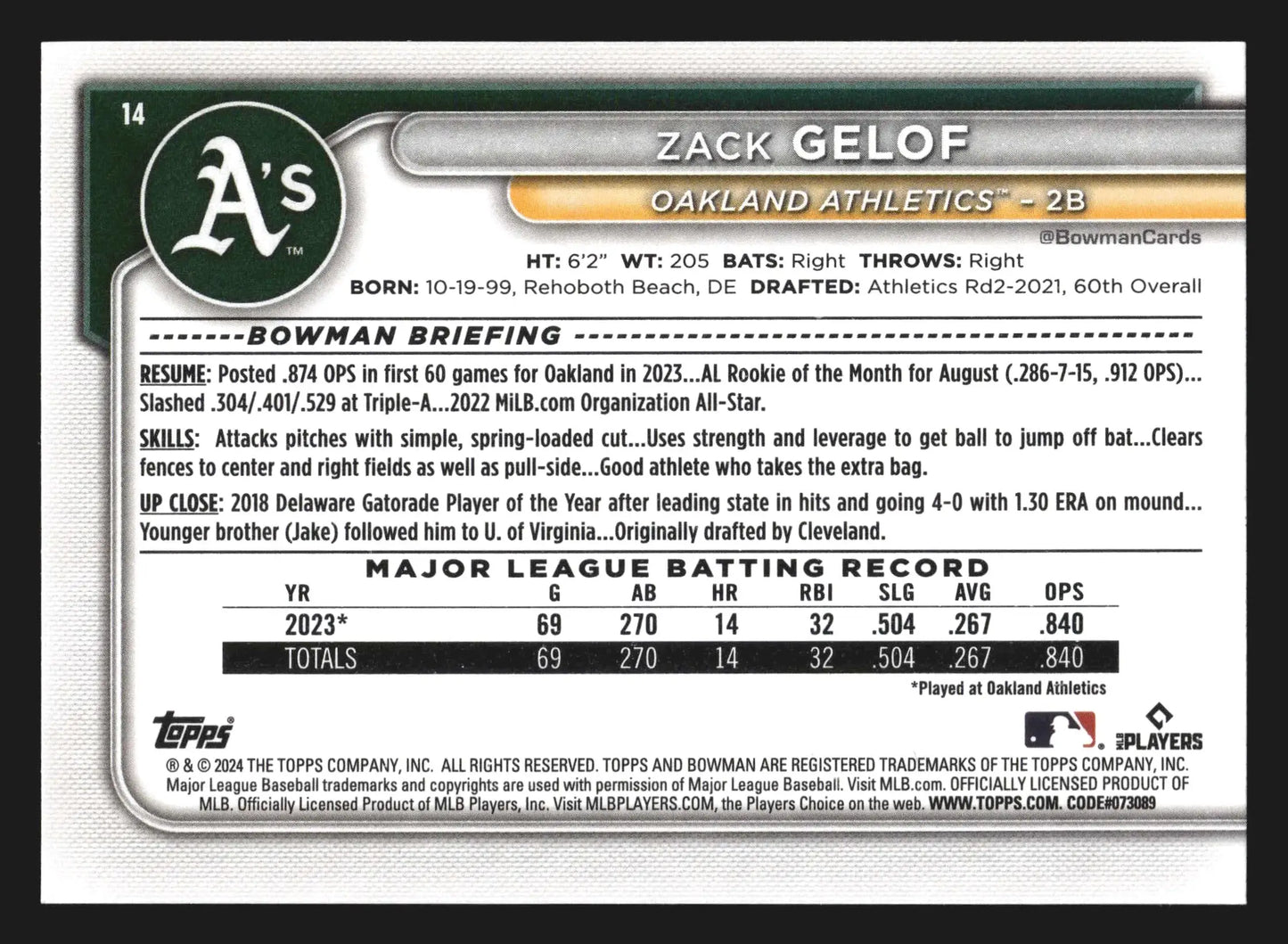2024 Bowman #14 Zack Gelof Oakland Athletics RC - Baseball Card Single