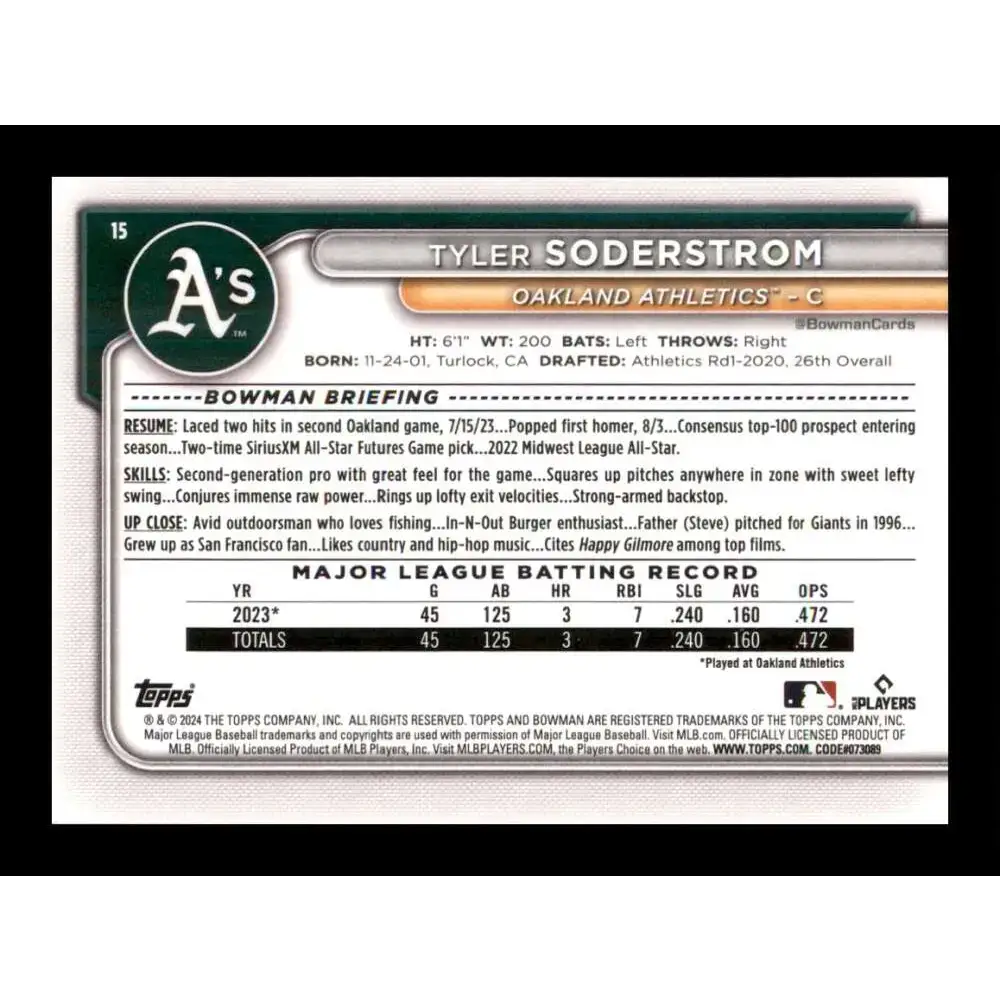 2024 Bowman #15 Tyler Soderstrom NM-MT RC Rookie Oakland Athletics Baseball Card - Baseball Card