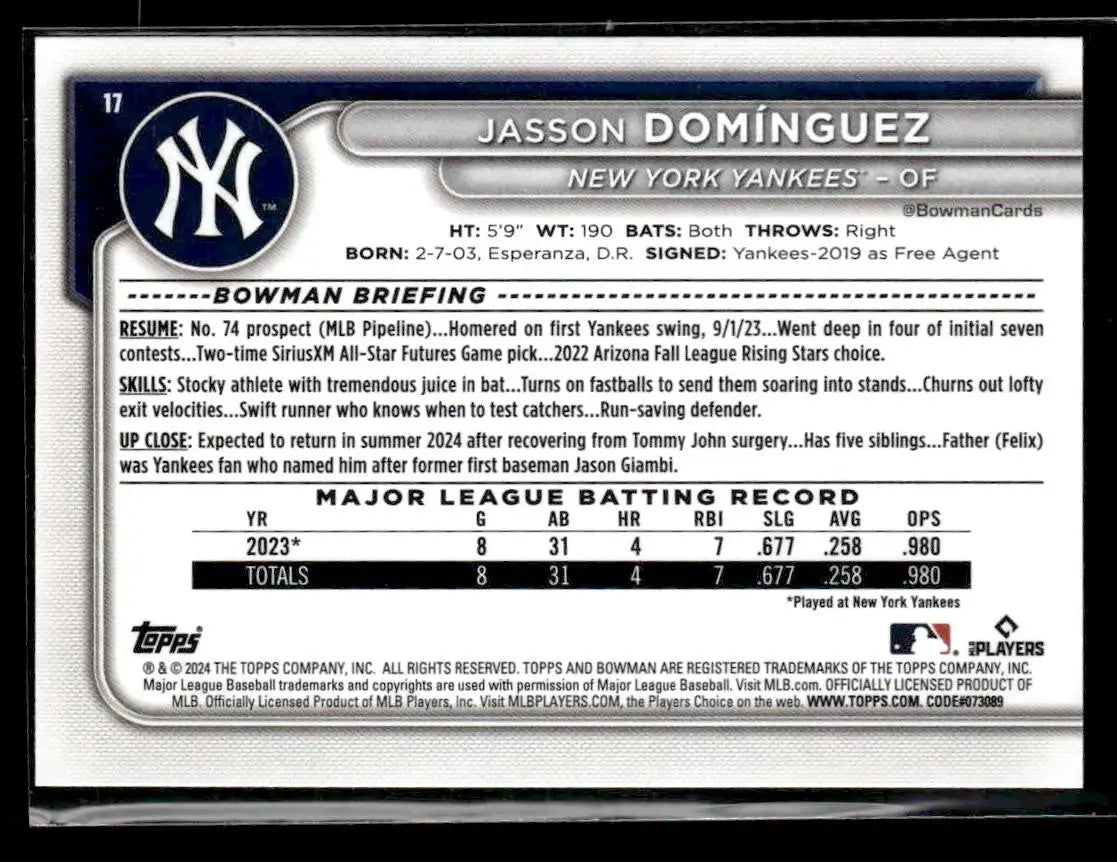 2024 Bowman #17 Jasson Domínguez - Baseball Card Single