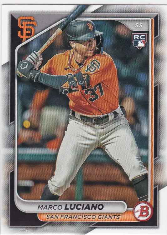 Marco Luciano RC baseball card from 2024 Bowman featuring San Francisco Giants player