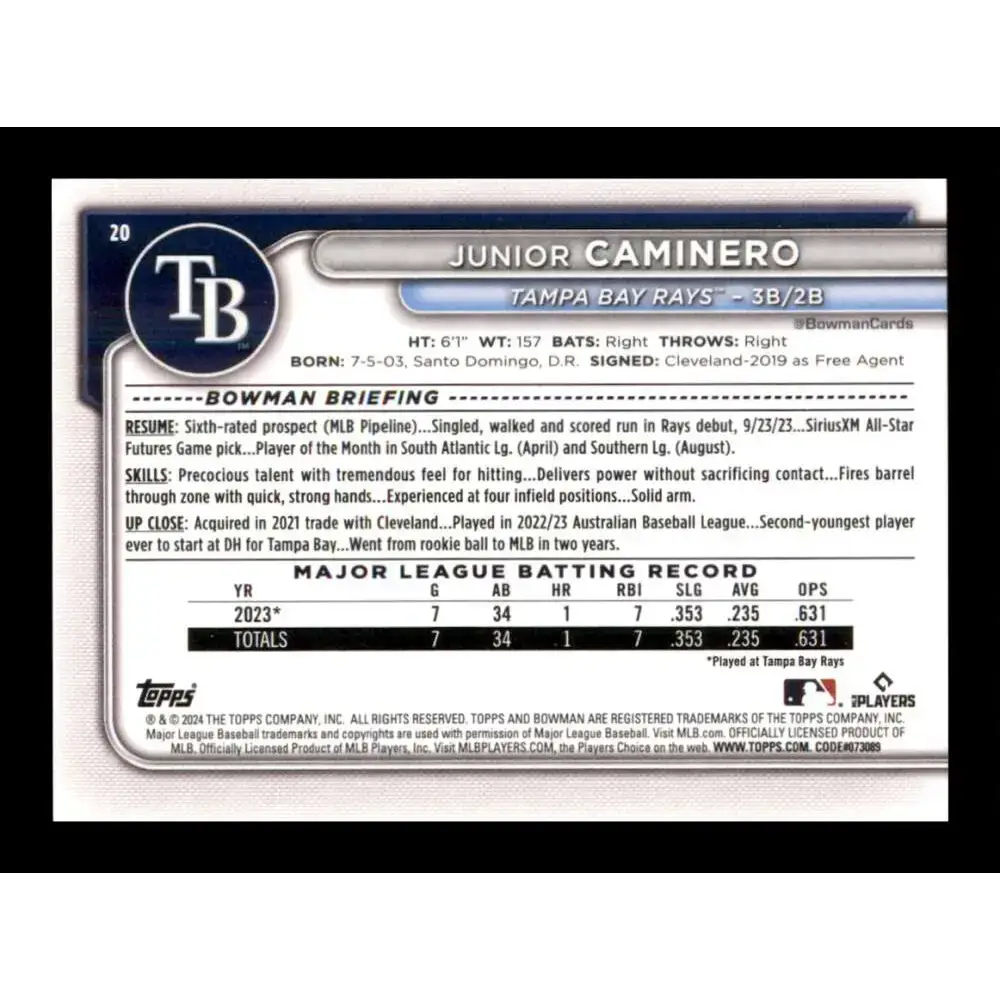 2024 Bowman #20 Junior Caminero NM-MT RC Rookie Tampa Bay Rays Baseball Card - Baseball Card Single