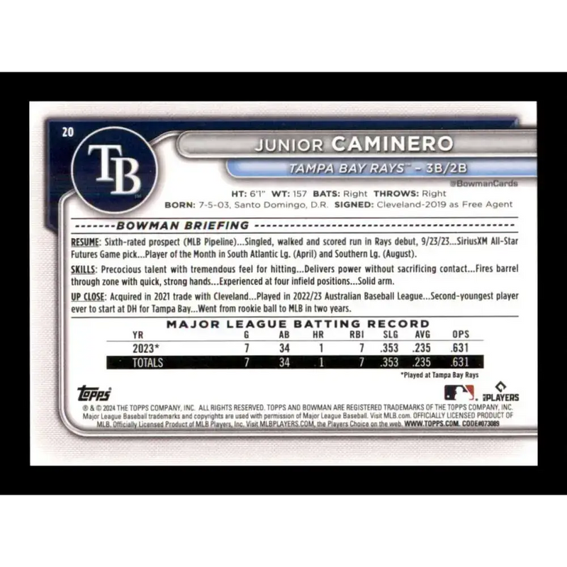 2024 Bowman #20 Junior Caminero NM-MT RC Rookie Tampa Bay Rays Baseball Card - Baseball Card Single