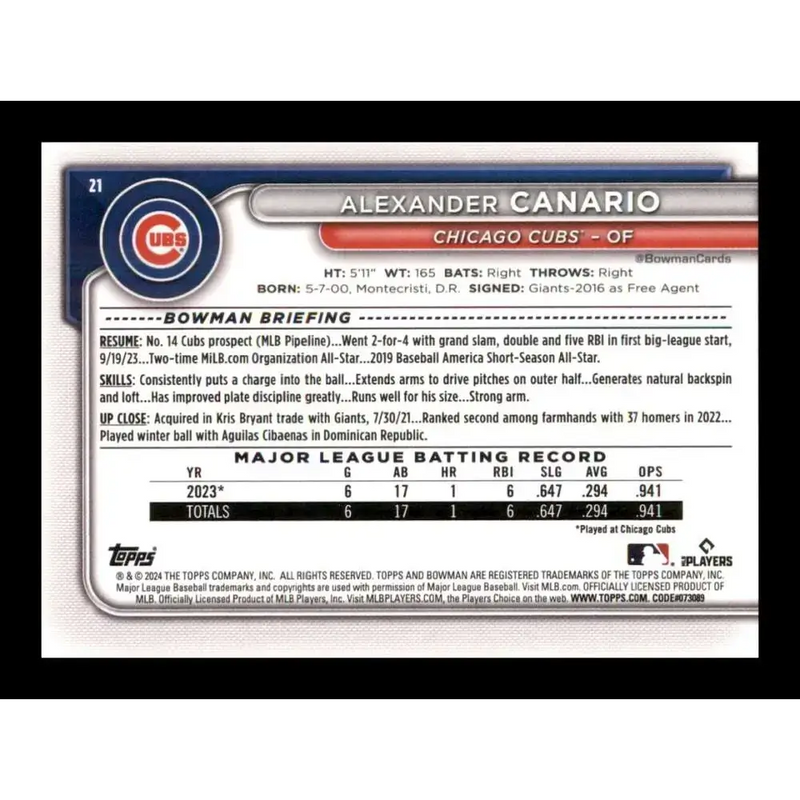 2024 Bowman #21 Alexander Canario NM-MT RC Rookie Chicago Cubs Baseball Card - Baseball Card Single