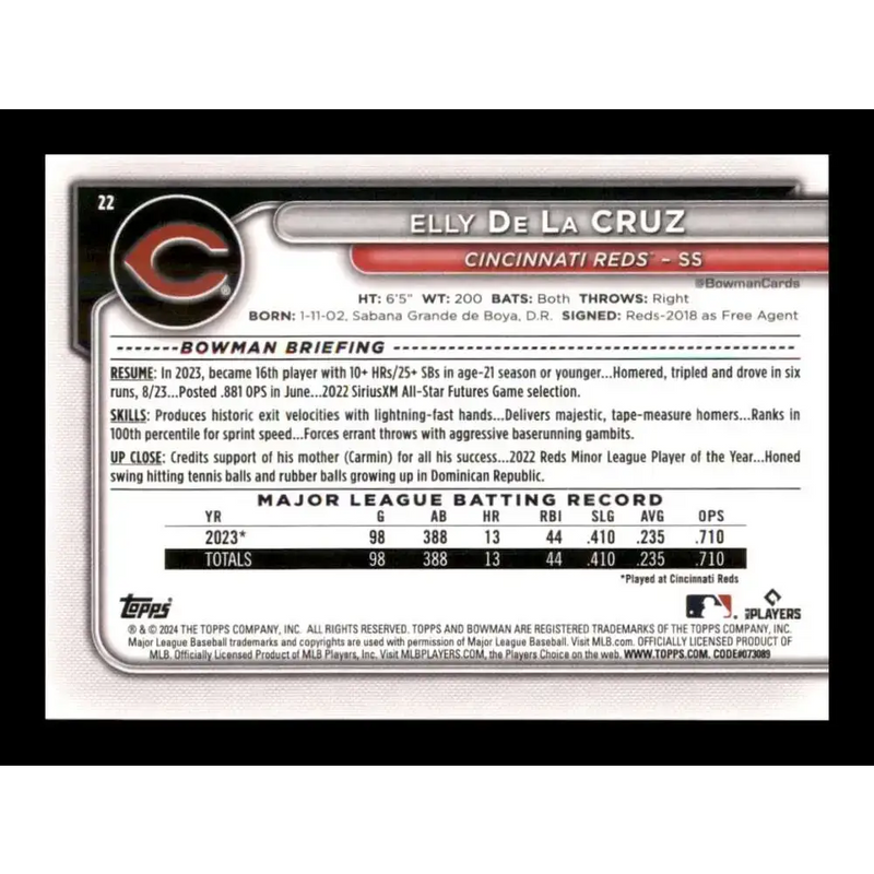 2024 Bowman #22 Elly De La Cruz NM-MT RC Rookie Cincinnati Reds Baseball Card - Baseball Card Single