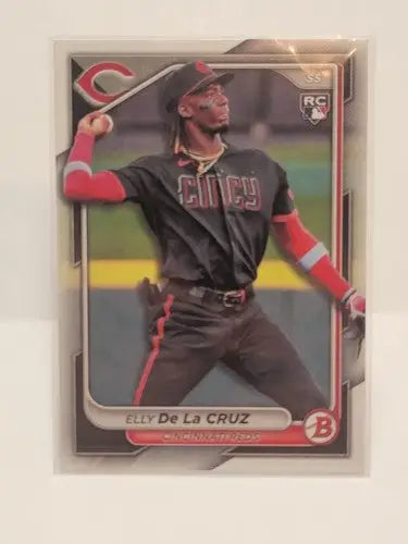 2024 Bowman Elly De La Cruz trading card featuring Cincinnati Reds uniform