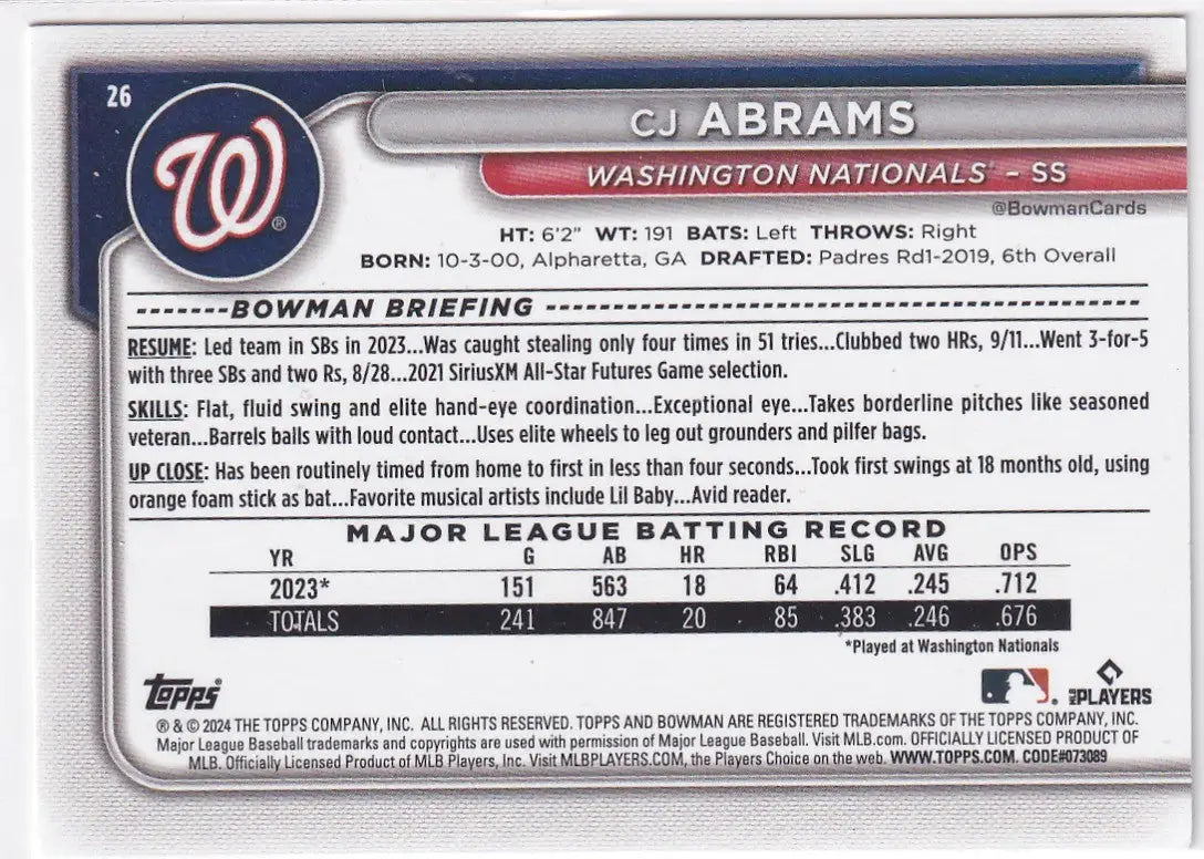 2024 BOWMAN #26 CJ ABRAMS- WASHINGTON NATIONALS - Baseball Card Single
