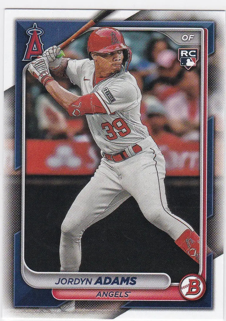 2024 Bowman Jordyn Adams RC baseball card featuring Los Angeles Angels player Jordyn Adams