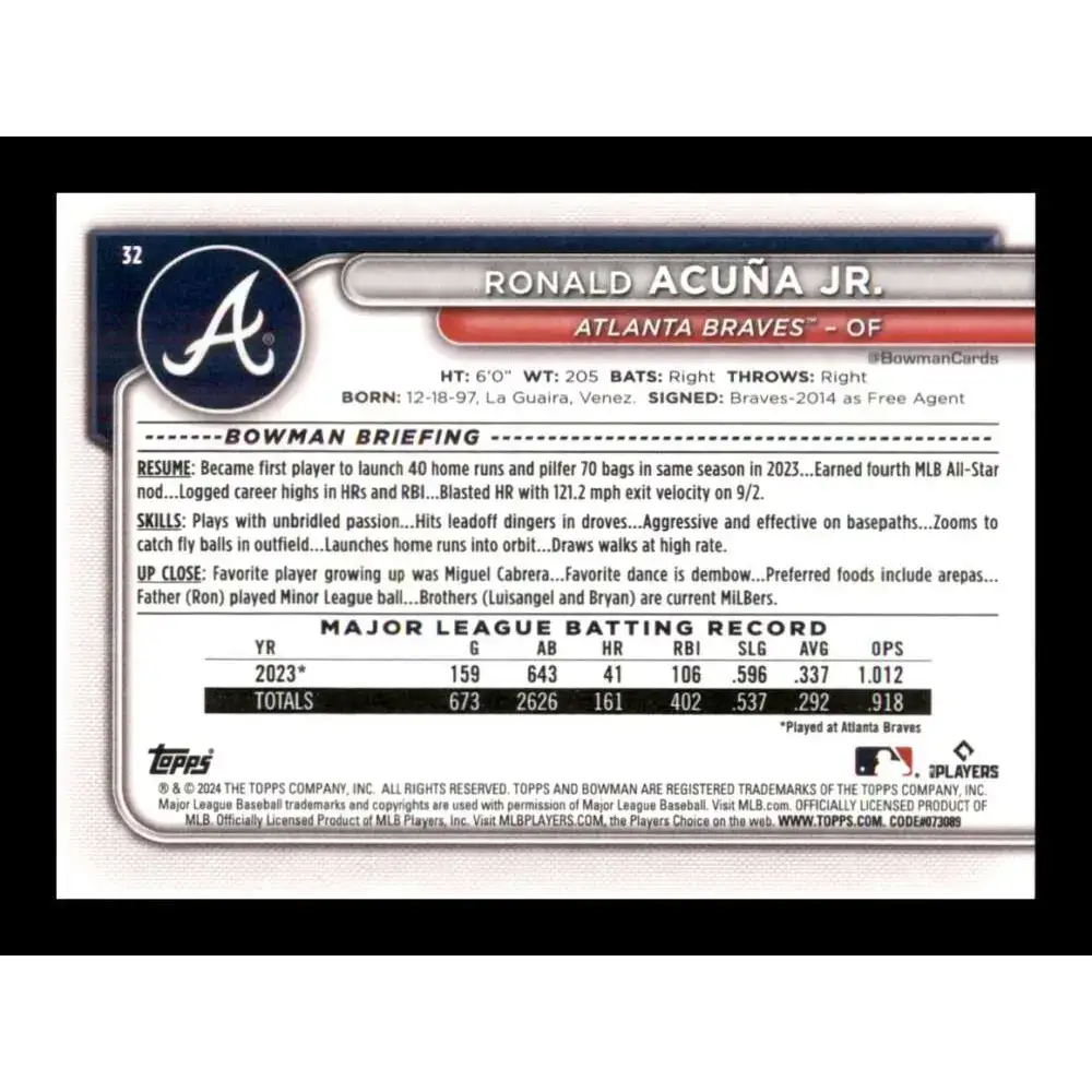 2024 Bowman #32 Ronald Acuna Jr. NM-MT Atlanta Braves Baseball Card - Baseball Card