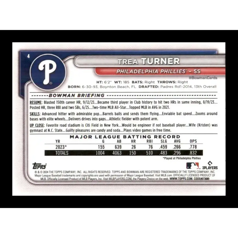2024 Bowman #4 Trea Turner NM-MT Philadelphia Phillies Baseball Card - Baseball Card Single