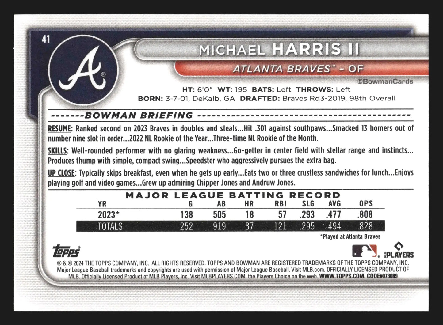 2024 Bowman #41 Michael Harris II Atlanta Braves - Baseball Card Single