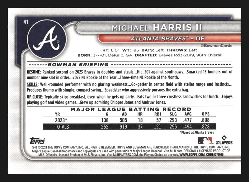 2024 Bowman #41 Michael Harris II Atlanta Braves - Baseball Card Single