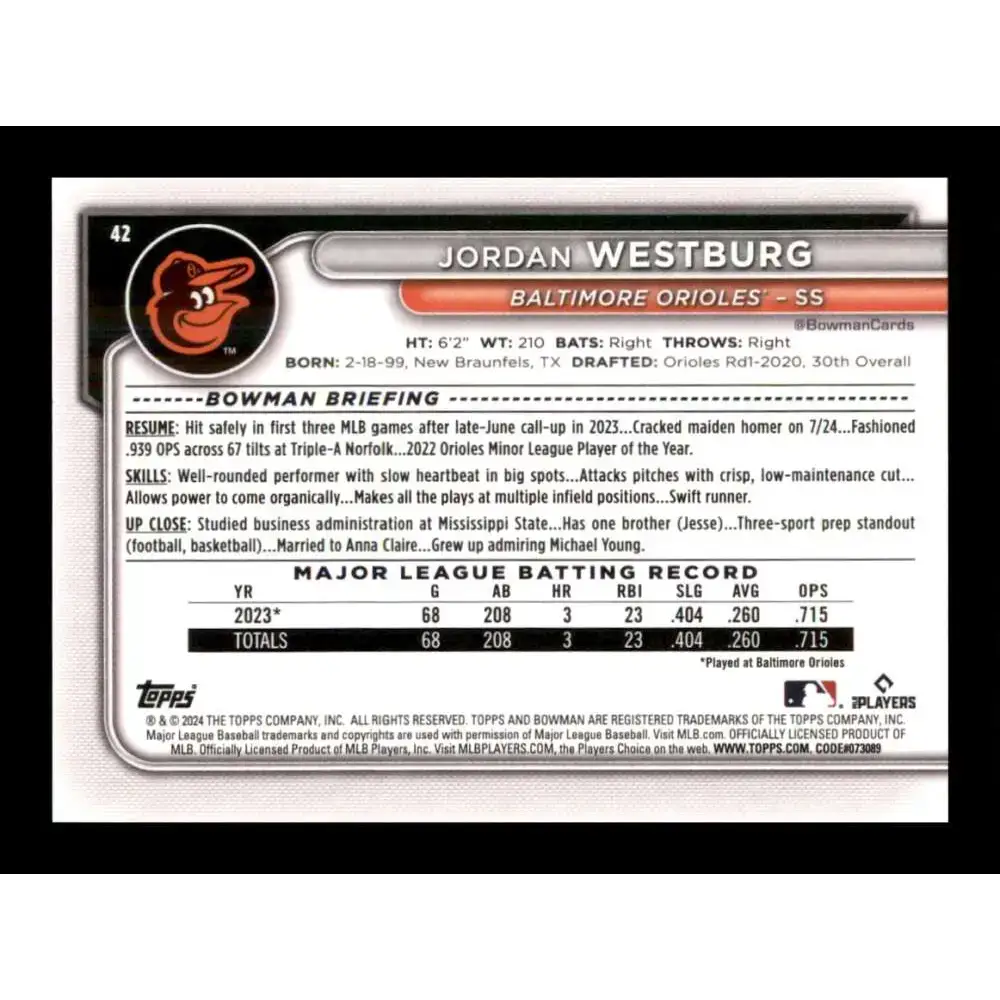 2024 Bowman #42 Jordan Westburg NM-MT RC Rookie Baltimore Orioles Baseball Card - Baseball Card Single